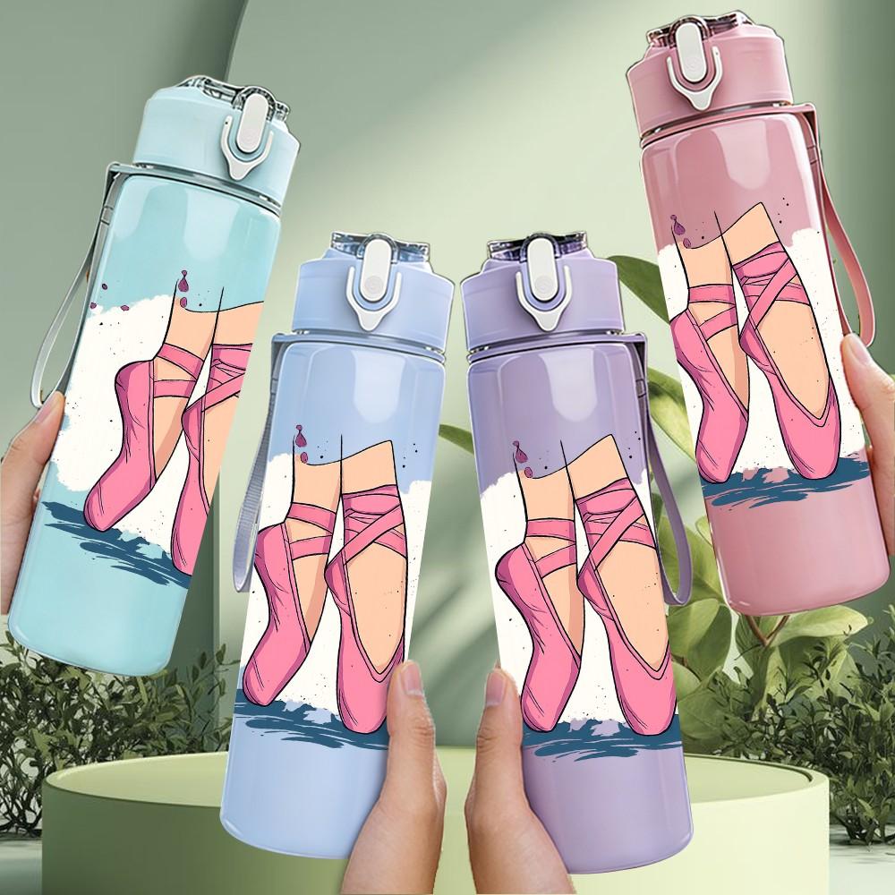 1PC Pink Ballet Shoes Line Art 750ml Color Plastic Sports Water Bottle Leakproof Flip Straw Lid Suitable for Sports Office Home Use