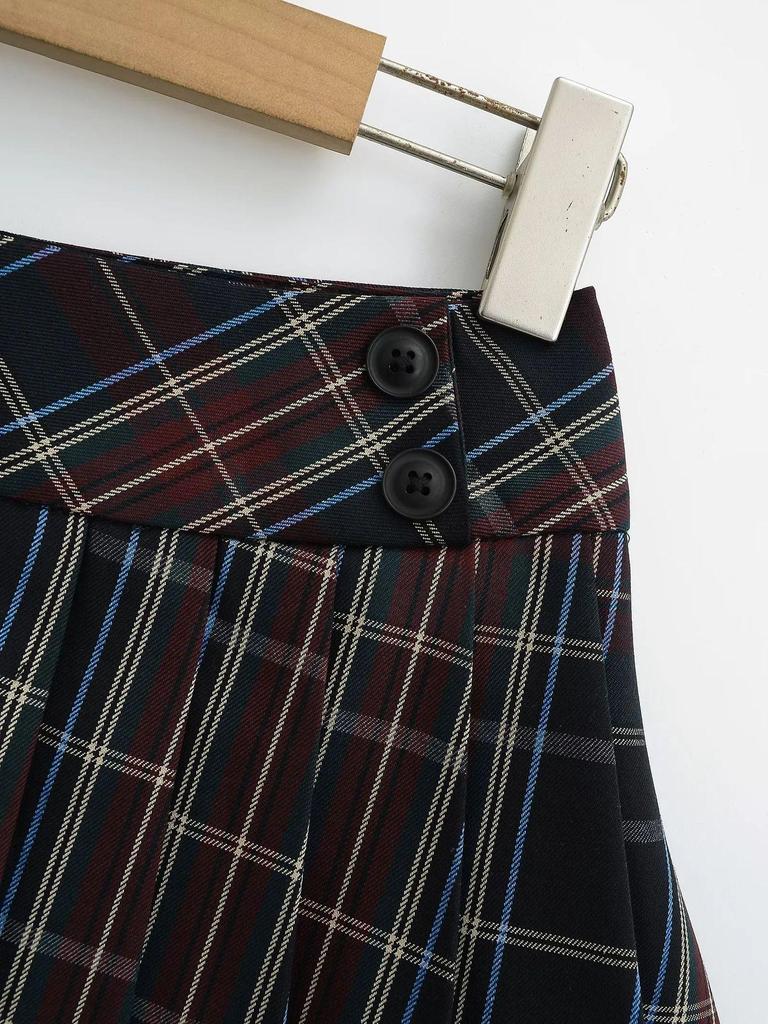 Женская клетчатая мини-юбка с завышенной талией, плиссированная, облегающего кроя, с разрезом на пуговицах - Осенний дизайн против открывания
