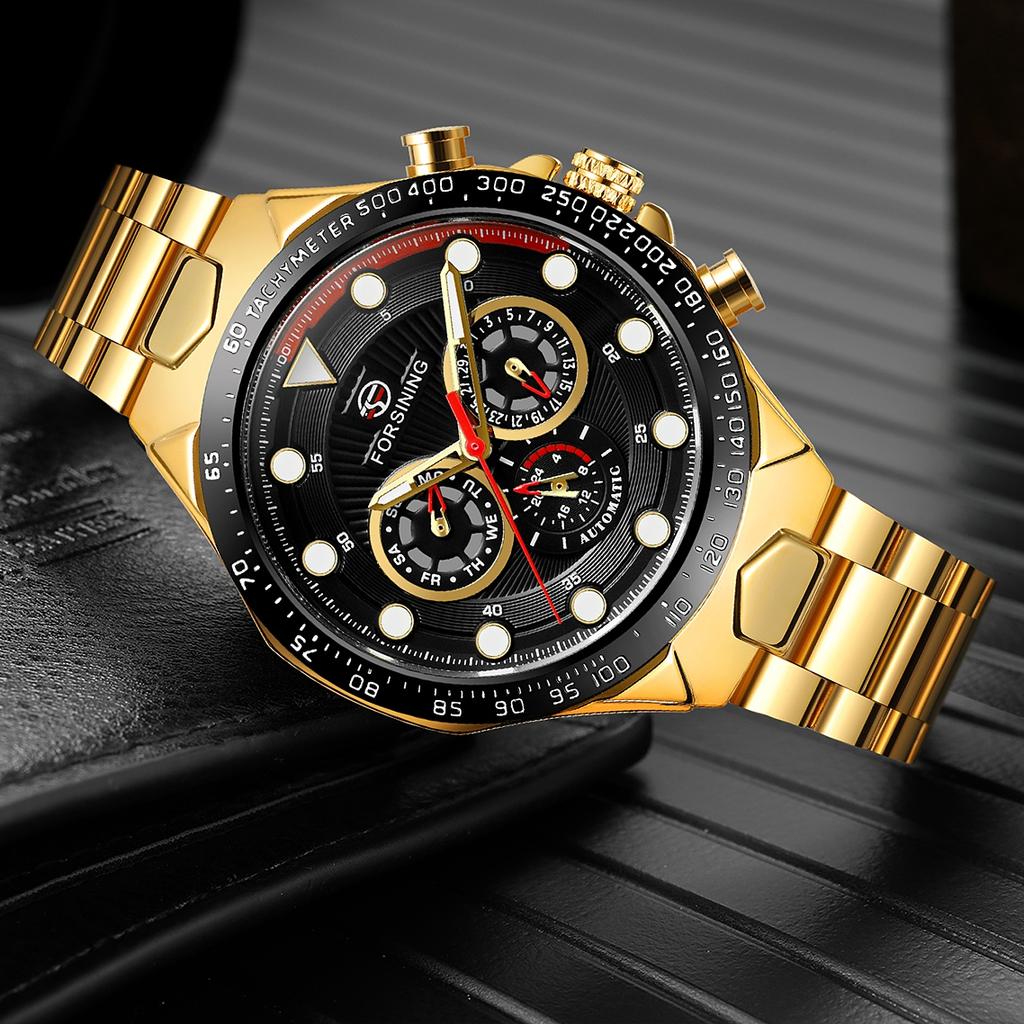Forsining Luxury Waterproof Mechanical Large Man Watches Stainless Steel Automatic Movement Chronograph Wristwatch