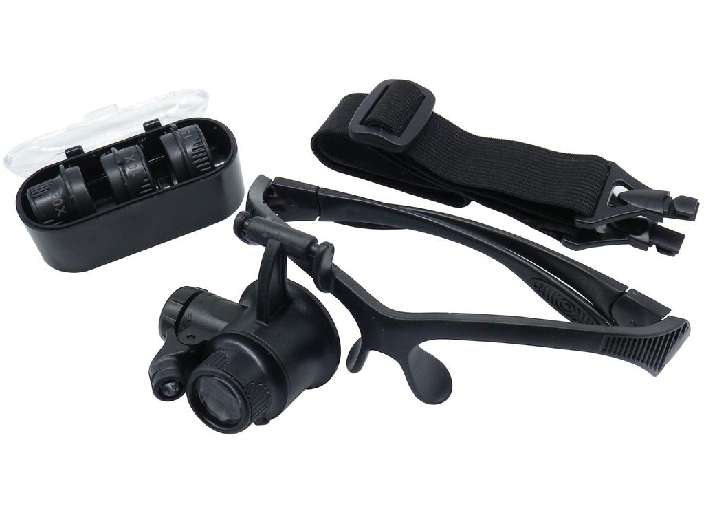 Glasses-style Magnifying Glass with LED Light, 10x, 15x, 20x, 25x Magnification, Interchangeable, for Watch Repair and Jewelry Appraisal (Single Eye)