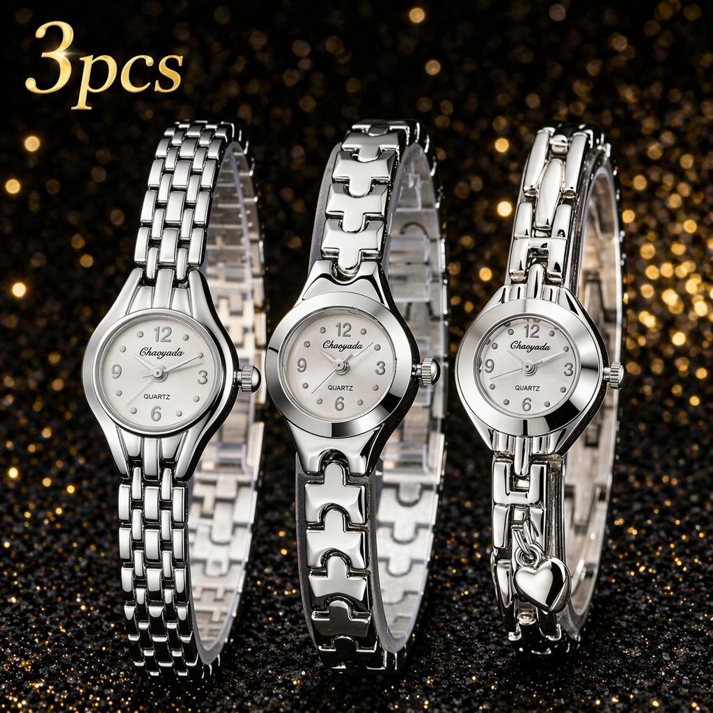3pcs Women Watches Set Fashion Luxury Heart-shaped Alloy Strap Quartz Watch for Woman Retro Elegant Ladies Wristwatch Clock Gift