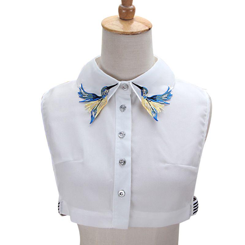 Women Shirt Fake Collar Tie Fashion Heavy Bird Embroidery Crystal Sewing Detacha
