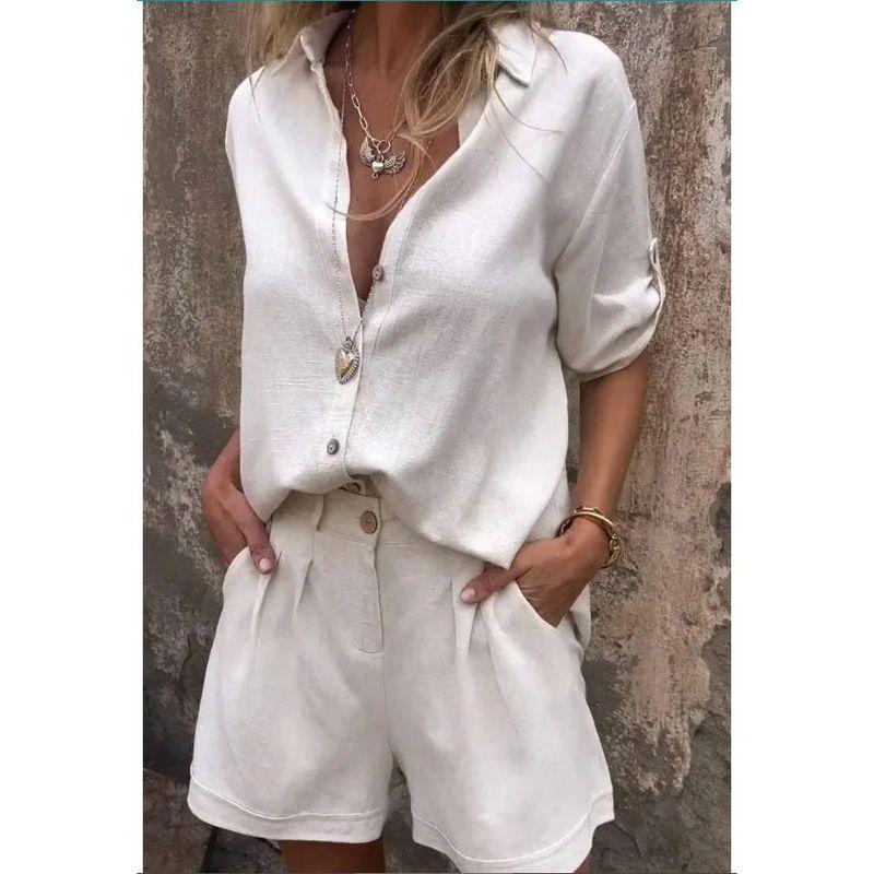 Collar Shirt Solid Color Shorts Set Lapel Shirt Pure Color Casual Shorts Suit