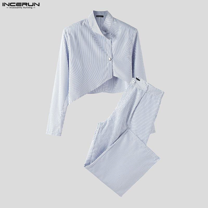 INCERUN Мужские наряды Стойка воротник Полосатый Длинный рукав Кроп-топы На молнии С высокой талией Длинные брюки Комплекты