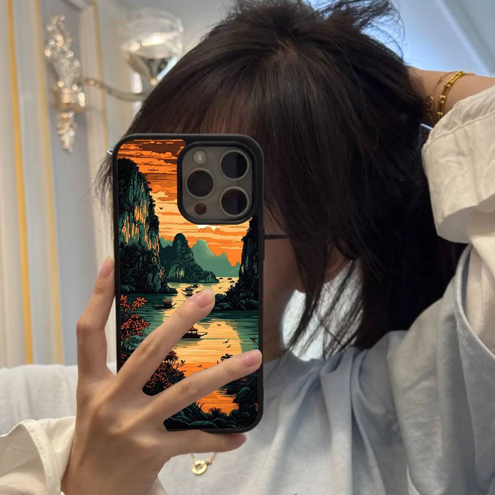 Чехол для телефона Landscape Painting из черного силикона и твердого пластика для iPhone 17 Air 16 15 14 13 12 11 Pro Max, PC+TPU