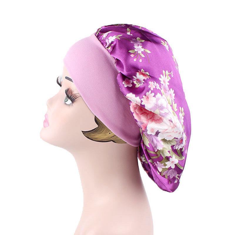 Floral Print Nightcap Women Satin Night Sleep Satin Hair Bonnet Silk Head Cover Wide Elastic Band