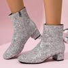 Fashion Women's Sparkling Silvers Glitter Ankle Boots Fashion Chunky Mid Heel Zipper Short Boots Women Round Toe Plus Size Botas Mujer