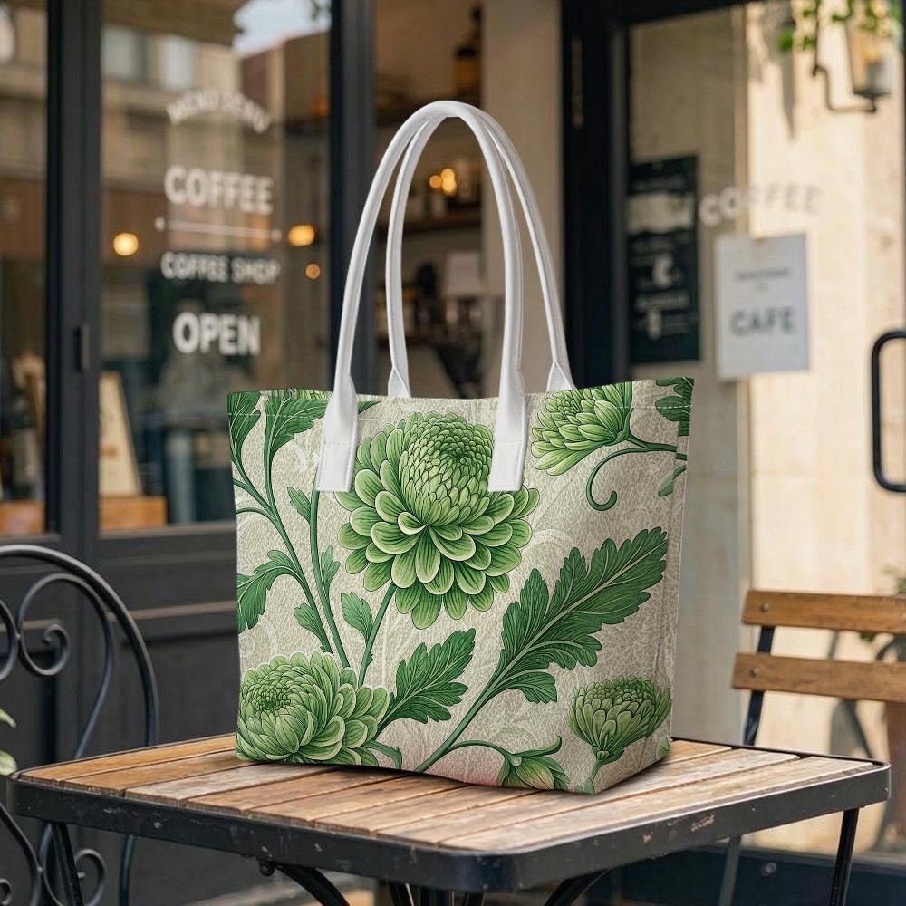 Green Floral Print Fashion Casual Tote Bag Daily Ladies Large Capacity Portable Shoulder Bag