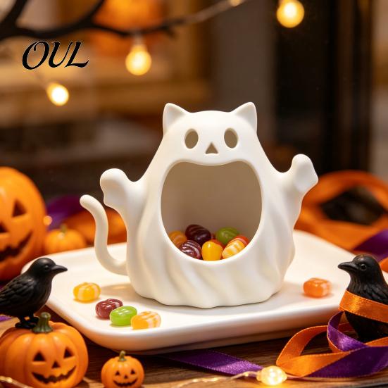 Cute Spooky Home Decorations 3D Printed Halloween Ghost Cat Storage Holder, Decorative Kitten Statue with Holiday Seasonal Ornaments Hollow