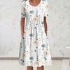O-Neck Short Sleeve Pleated Midi Dress Pockets Loose Hem Mid-calf Length Women Floral Print A-Line Holiday Dress Daily Clothing