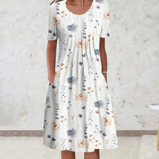 O-Neck Short Sleeve Pleated Midi Dress Pockets Loose Hem Mid-calf Length Women Floral Print A-Line Holiday Dress Daily Clothing