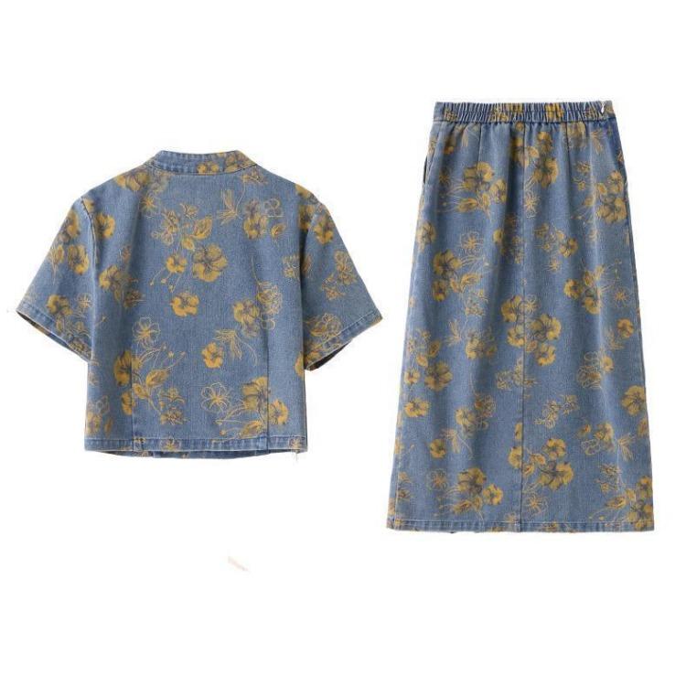 Fashion Chinese Style Denim Skirt Set Women Summer Floral Print Two Piece Outfit with Knot Buttons