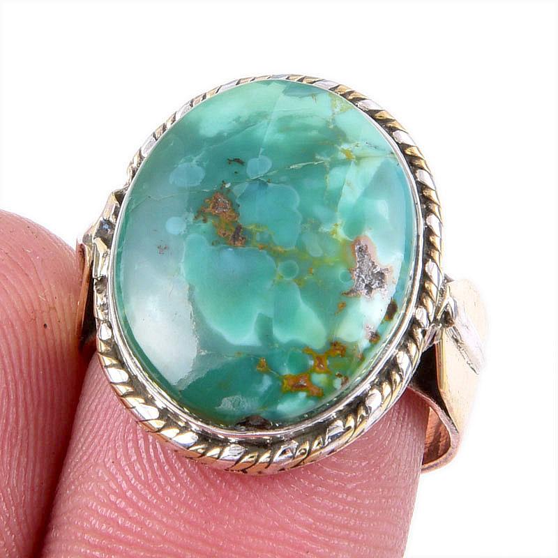 Natural Tibetan Turquoise Gemstone 925 Solid Silver Two Tone Ring Size 7US O9Q14