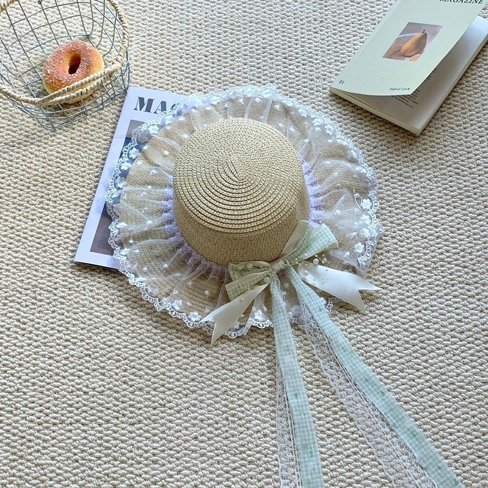 Flower Straw Hat Big Bowknot Wide Brim Hat Lolita Sun Protection Hat Seaside Vacation