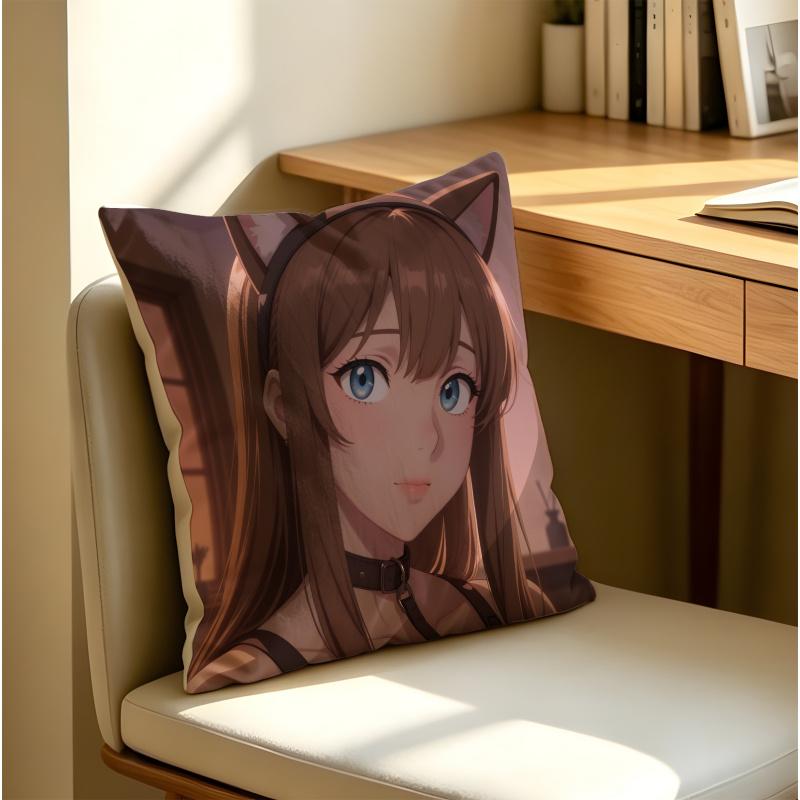 Cute Anime Cat Girl Print 18.18 Inch Throw Pillow Cushion Accent Pillow Includes Pillow Core For Sofa Couch Bed Car Decor
