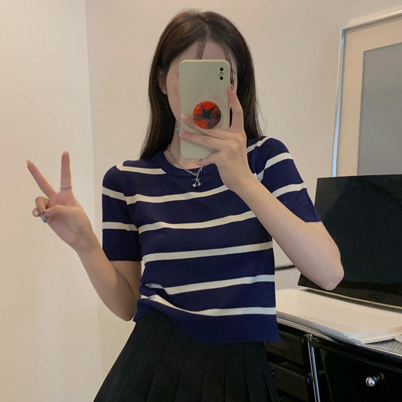 Женский ледяной шелк с круглым вырезом, универсальный пуловер в стиле ретро с коротким рукавом, вязаный короткий