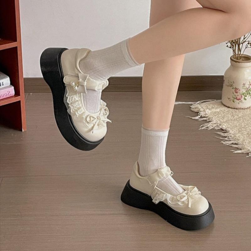 British Style Vintage Women Mary Jane Shoes Concise Butterfly-knot Single Shoes Ladies Height Increase Dress Leather Pumps
