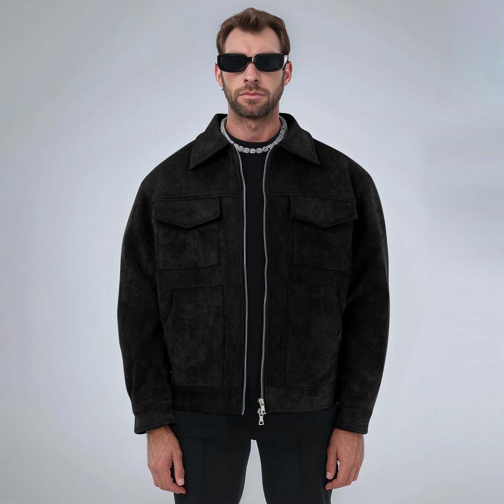 Мужская однотонная куртка с лацканами, повседневная удобная утолщенная куртка на молнии с большими карманами