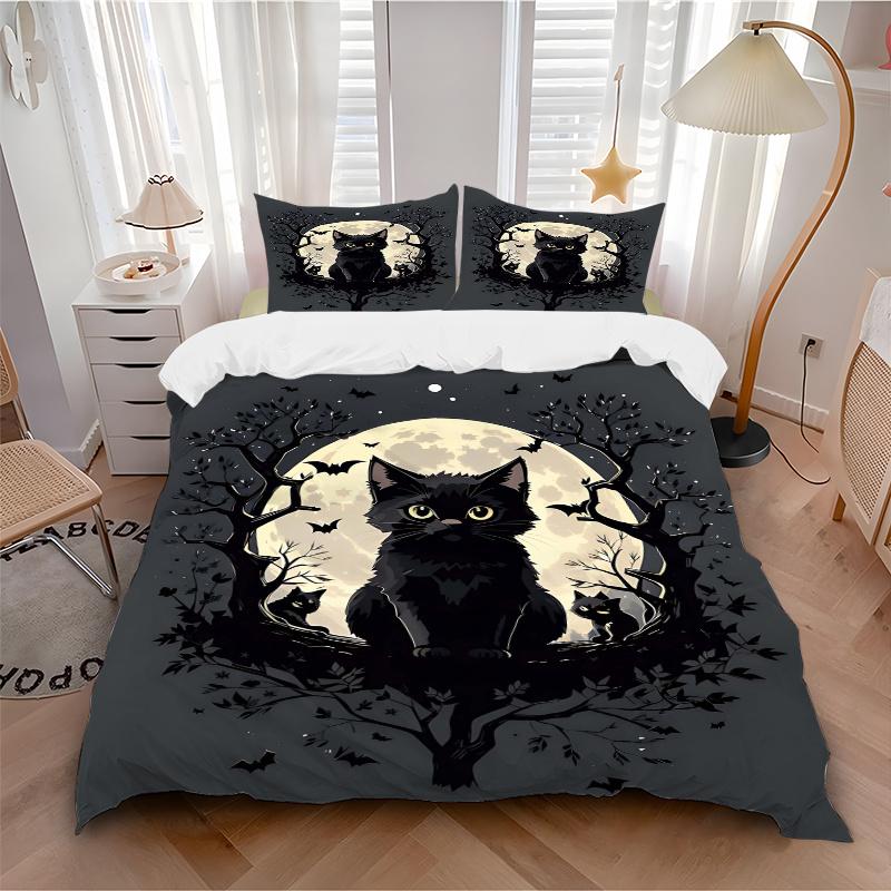 3pcs Moon and Black Cat Creative Design Quilt Cover Set - Soft and Cozy Bedroom, Guest Room and Dorm Decorative Bedding