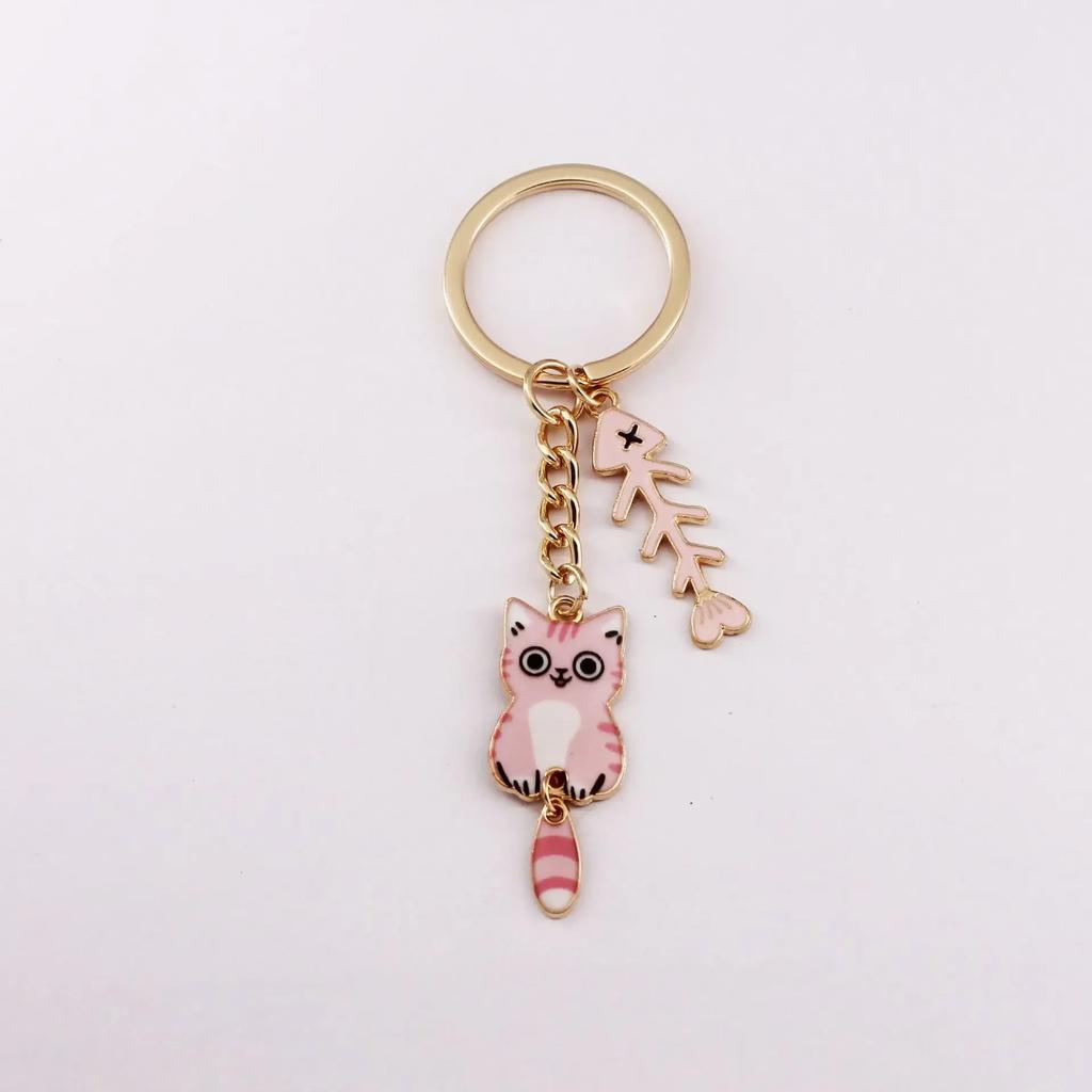 Super Cute Cartoon Cat Key Chains Gold Color Metal Kitten and Fishbone Ornament Woman's Funny Keychains