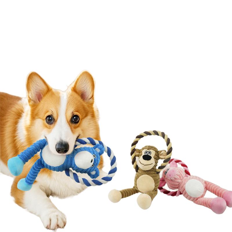 Cute Bear Plush Rope Dog Toy, Squeaky Corduroy Tug-of-War Pet Chew Toy for Puppy, Interactive Teething Toy