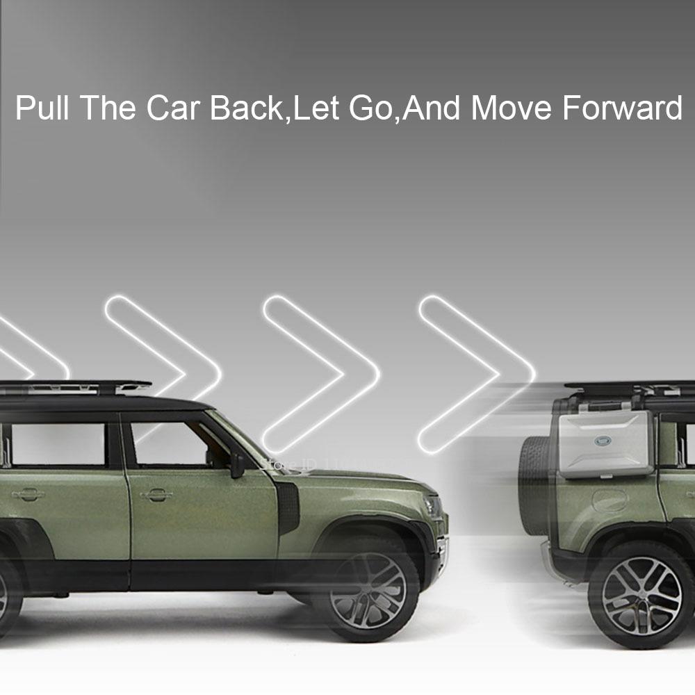 1:Масштаб 1:24 Модель автомобиля Land Rover Defender Range Rover Игрушка Металлическая литая Звук Свет Внедорожники Миниатюрные модели Подарки для мальчиков