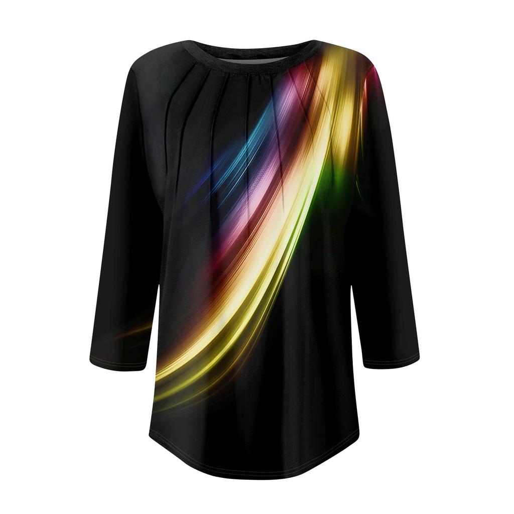 Модная футболка с круглым вырезом, рукавом 3/4, принтом, повседневная базовая плиссированная футболка-пуловер