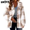 Женские винтажные повседневные куртки и пальто с решетчатым принтом, осенне-зимние куртки-поло с длинными рукавами и воротником