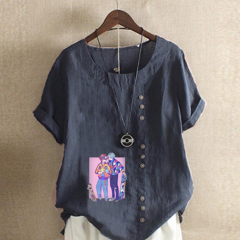 Women's Fashion Round Neck Short Sleeve T-shirt Casual Cotton Linen Graphic Shirt Leisure Loose Boys Prined Summer Blouse Tops