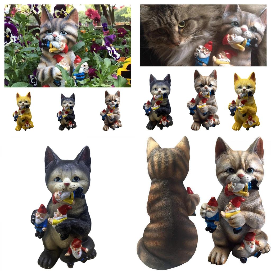 Enchanting Resin Garden Statue Of Cat Eating Dwarf Nordic Hand Painted