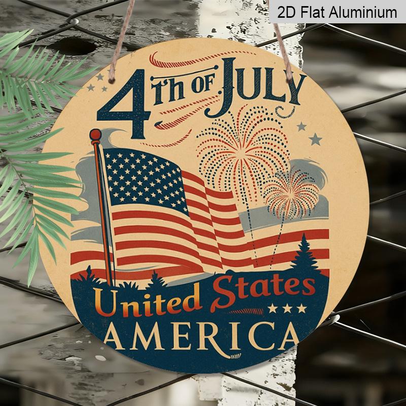 2D Flat 1pc, 8x8 in, Independence Day Celebration Themed Round Aluminum Metal Sign; Front Door Porch, Living Room, Bedroom Home Decor, Country Style