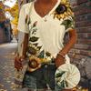 Beautiful Sunflowers Painting Blouses Short Sleeved V-Neck T Shirts Casual