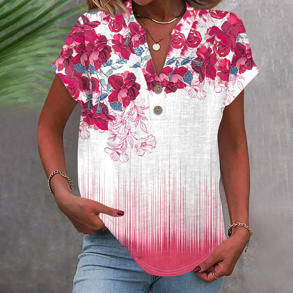 Женская модная повседневная рубашка с v-образным вырезом и коротким рукавом с принтом, футболка на пуговицах, топ