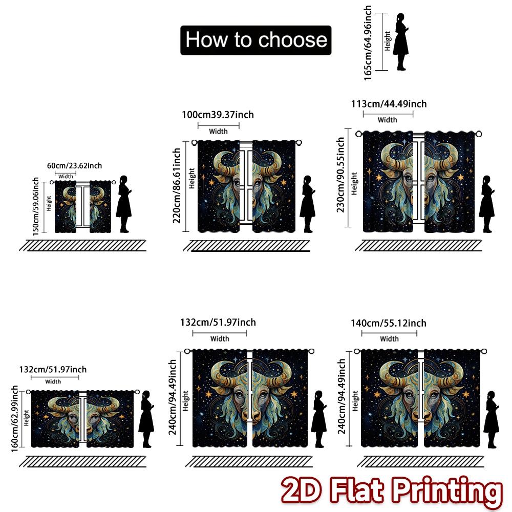 2D FLAT PRINTING 2pcs Curtains (Without Rod) Zodiac Taurus Starry Artwork Chic Curtain Cloth Machine Washable Fabric Curtains
