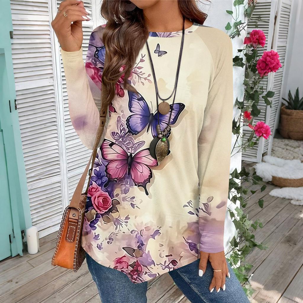 Женская повседневная футболка большого размера с длинными рукавами и круглым вырезом, винтажный этнический принт, топ-пуловер