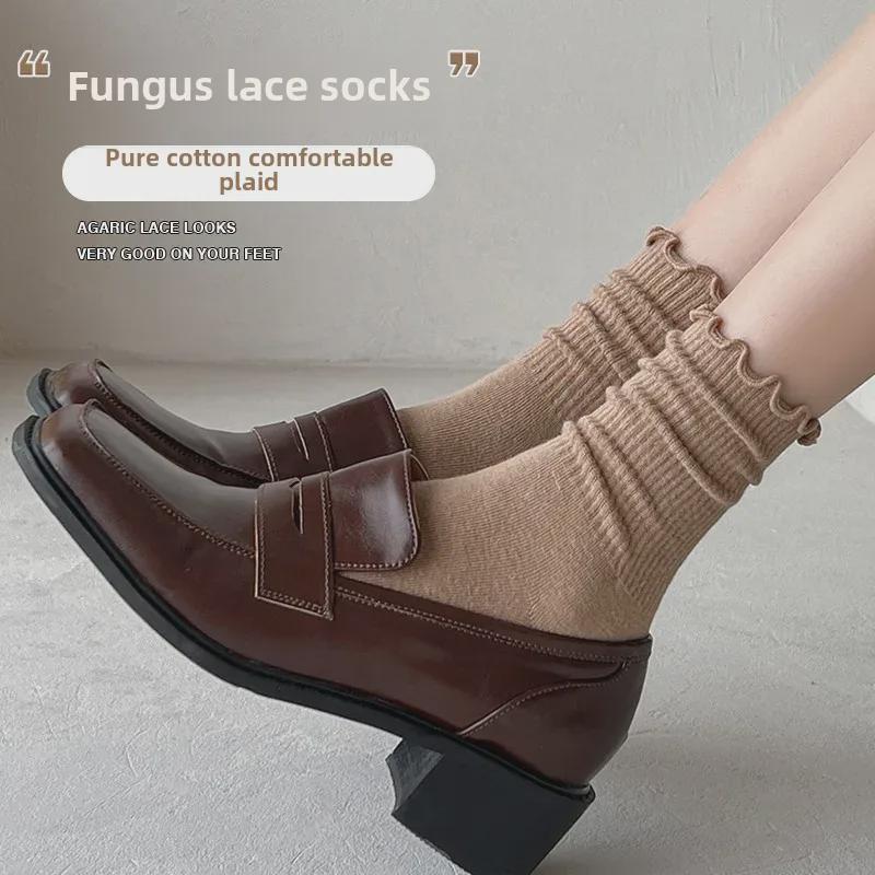 Женские носки средней длины из чистого хлопка с оборками по краю - черное кружево, японский стиль для всех сезонов