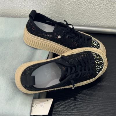 Ретро кружевные туфли рыбака женские новые летние дышащие сетчатые туфли на одной педали на толстой подошве с пайетками повседневные маленькие белые туфли