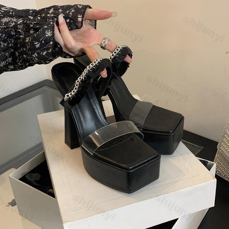 Fashion 2025 Spring New Fashion Elegant Transparent Toed Square Head French Style High Heels Cool Slippers for Women's Outerdoor Sandals