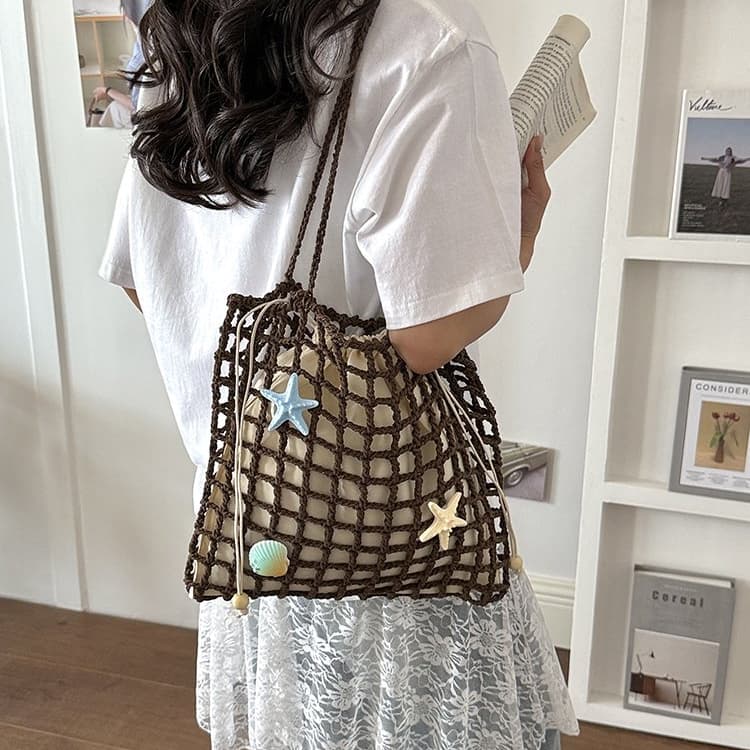Summer vacation drawstring lined fishing net woven bag