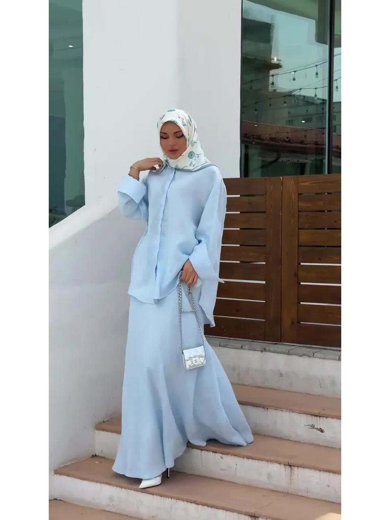 Элегантный летний женский комплект свободного платья с длинным рукавом 2025