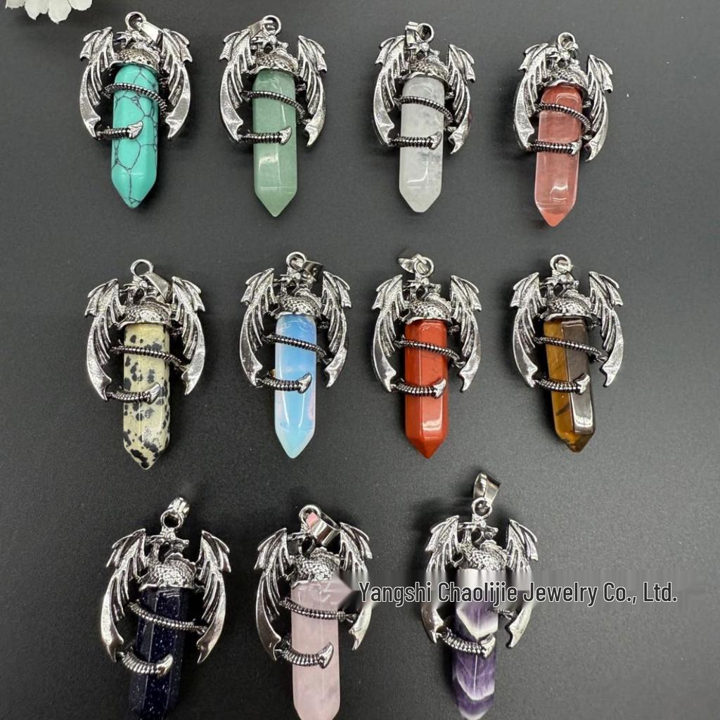 Amethyst, Rose Quartz & Clear Quartz Flying Dragon Pterodactyl Pendant Hexagonal Necklace.