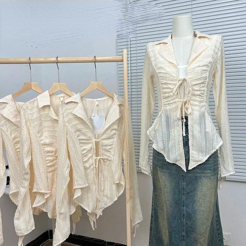 Yedinas Fairycore Lace Up Blouse Women Long Sleeve Spring 2023 New Turn-down Collar Women Shirt Ladies Tops Korean Fashion Chic