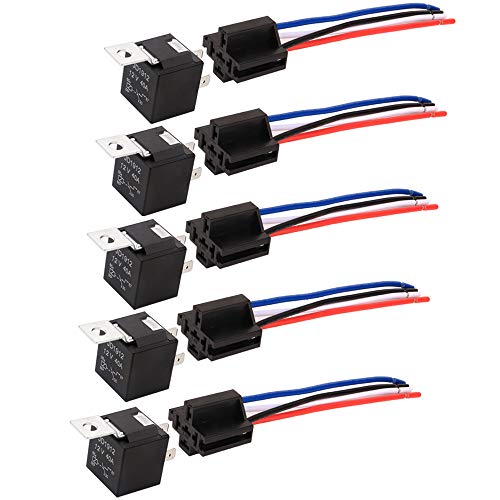 Kiligen 5pcs JD1912 4 Pole Relay for Car DC12V 40A 12AWG Car Relay SPST Relay Socket Plug with Harness for Car and Truck Van
