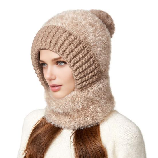 Yousheng Riding Headgear 3 In 1 Hat Scarf Face Guard Solid Color Plush Ball Decor Thickened Warm Windproof Winter Hat