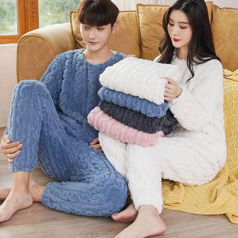 Winter New Couples Pajamas Homewear Suit Men and Women Shu Cotton Fall and Winter Coral Velvet Pajamas Thickened Warm Homewear