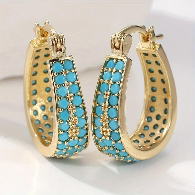 Краткие Серьги-кольца с инкрустацией синтетической бирюзой Женские Винтажные Элегантные Позолоченные Банкетные Ювелирные Изделия Аксессуар Поделки