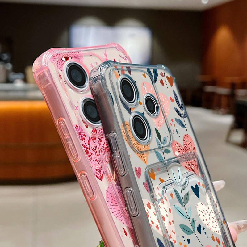 Сумка-кошелек с карманами Прозрачный чехол для телефона для Xiaomi 14T 13T Xiaomi 14T 13T Pro Цветной принт в виде сердечек Ударопрочный мягкий силиконовый чехол