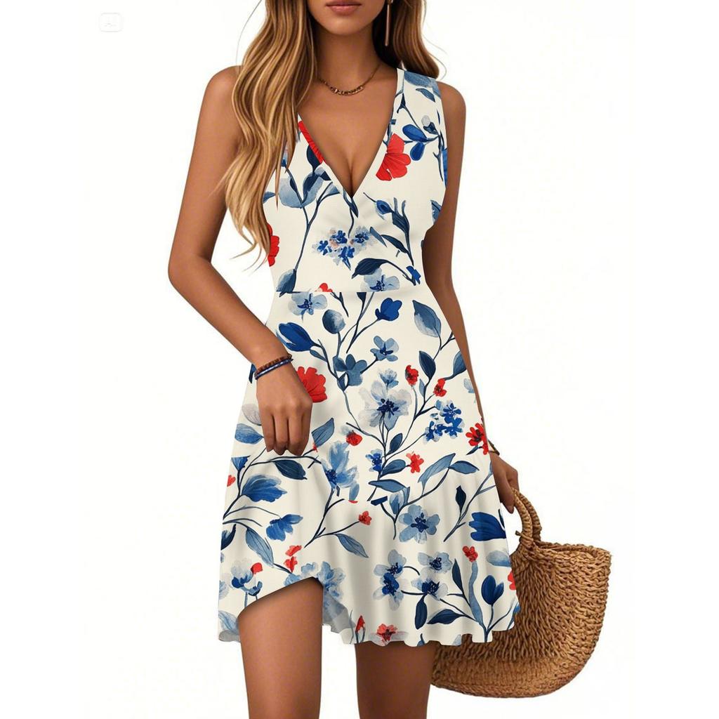Women's Dress V-neck Sleeveless Casual Floral Print Hem Pleated Dress