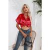Весенне-осенняя женская рубашка, однотонная атласная блузка с коротким рукавом, рубашка на пуговицах и плечах