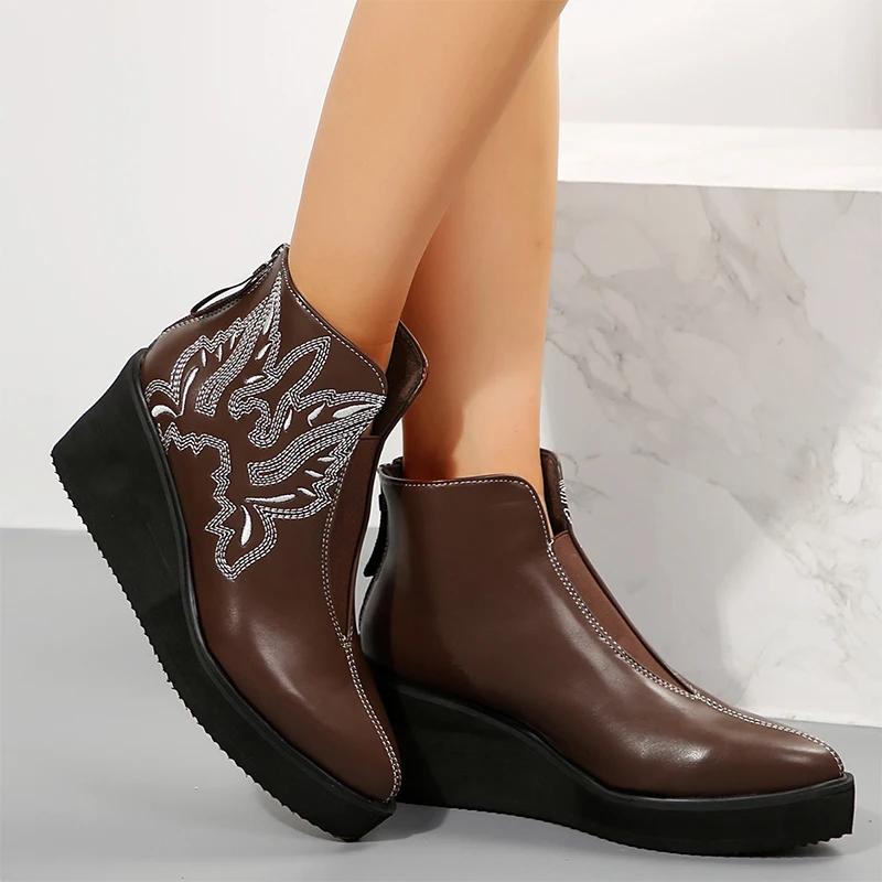 Модные женские вышитые ботильоны с острым носком на танкетке и платформе 2024 года, дизайнерская новая обувь для ходьбы, брендовое платье Mujer Zapatos